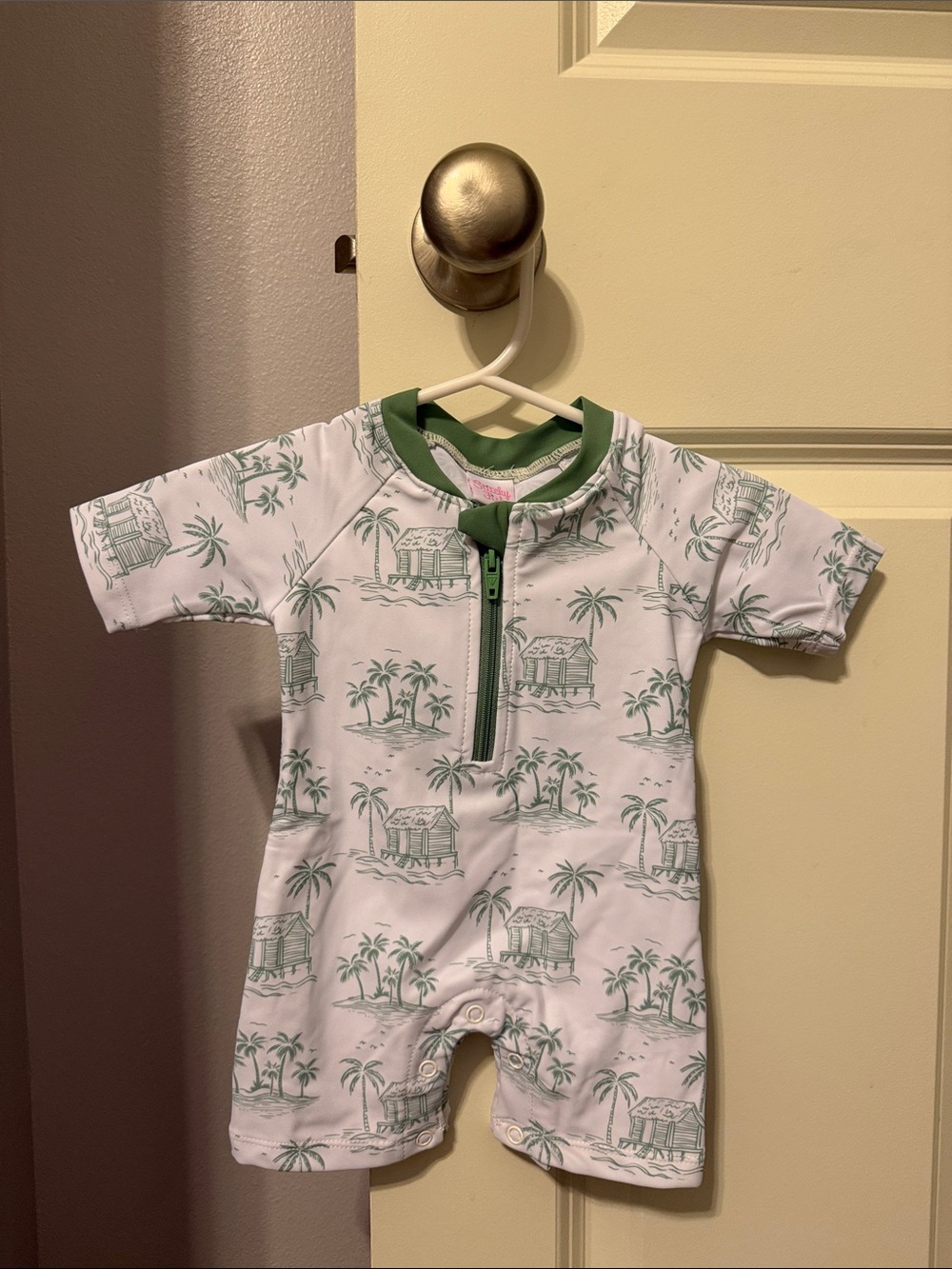 Green Palm Print Short-Sleeve Baby One-Piece Swim Romper